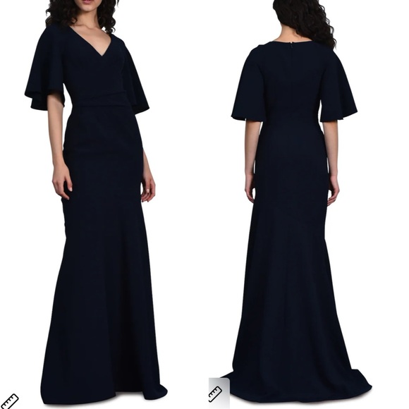 Theia Stretch Crepe‎ Gown Size 6 Navy Blue Mermaid Raglan Cap Sleeve *INNER FLAW - Picture 1 of 12